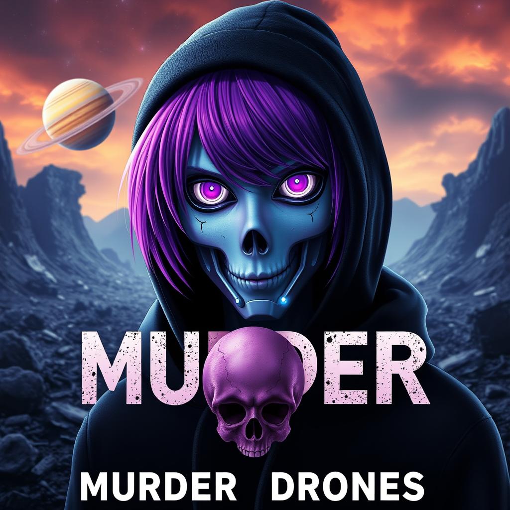 A movie poster featuring a purple-haired android wearing a black hoodie and a black beanie, with striking purple eyes