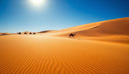 A picturesque desert scene in Namibia featuring expansive golden sand dunes under a bright blue sky