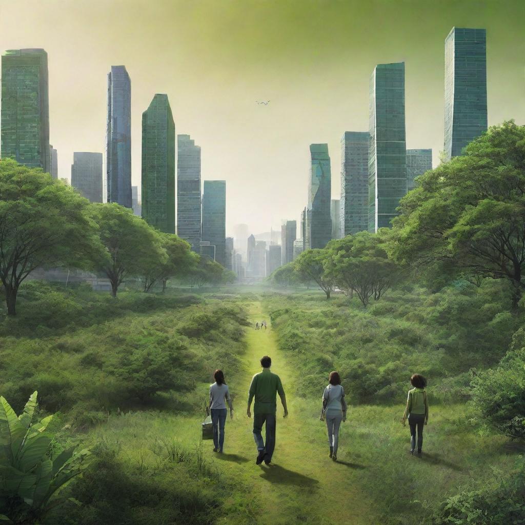 A high-definition, bright environmental poster featuring an enlarged, intensely green natural scene. Modern-styled individuals, viewed from the back, play the roles of guardians, protecting the environment. In the distance, subtly incorporate modern buildings, highlighting the juxtaposition of nature and urbanization.