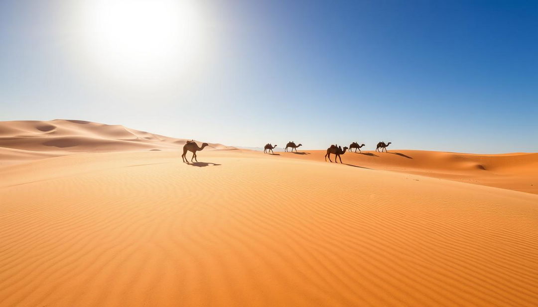 A picturesque desert scene in Namibia featuring expansive golden sand dunes under a bright blue sky