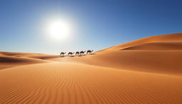 A picturesque desert scene in Namibia featuring expansive golden sand dunes under a bright blue sky