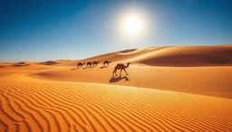 A picturesque desert scene in Namibia featuring expansive golden sand dunes under a bright blue sky