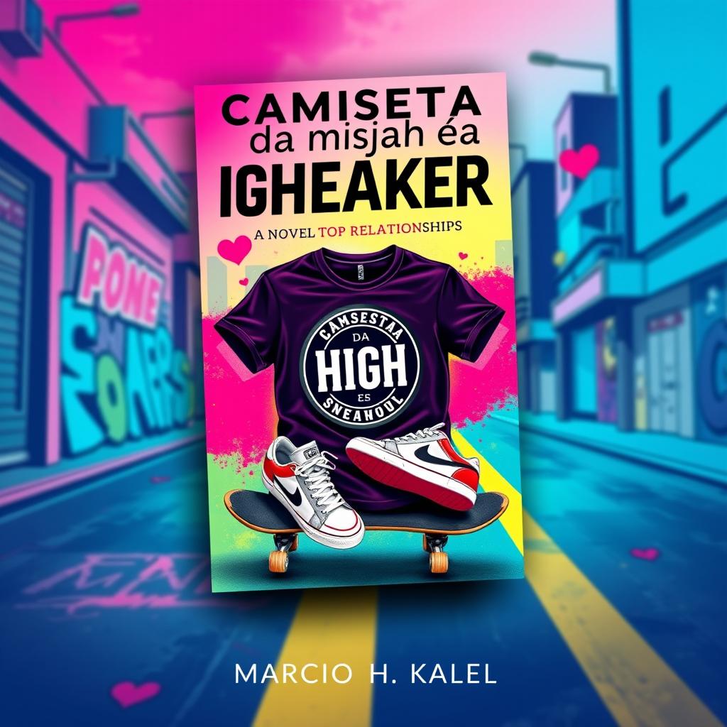 An engaging book cover for a novel titled "Camiseta da High e Sneaker" by author Marcio H Kalel