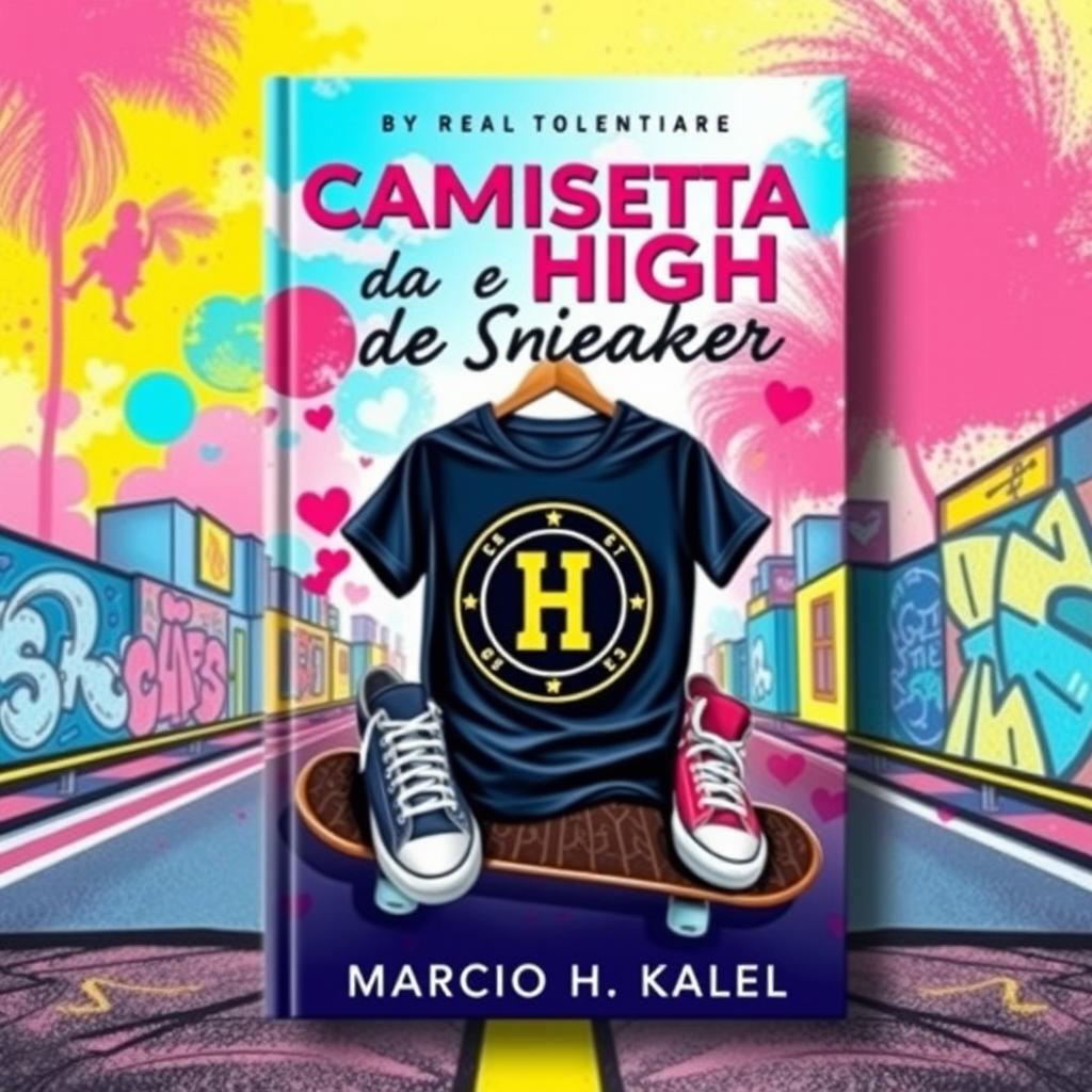 An engaging book cover for a novel titled "Camiseta da High e Sneaker" by author Marcio H Kalel