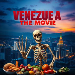 A movie poster featuring a hungry skeleton reaching for food, set against the backdrop of a vibrant city skyline