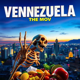 A movie poster featuring a hungry skeleton reaching for food, set against the backdrop of a vibrant city skyline