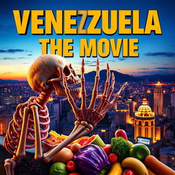 A movie poster featuring a hungry skeleton reaching for food, set against the backdrop of a vibrant city skyline