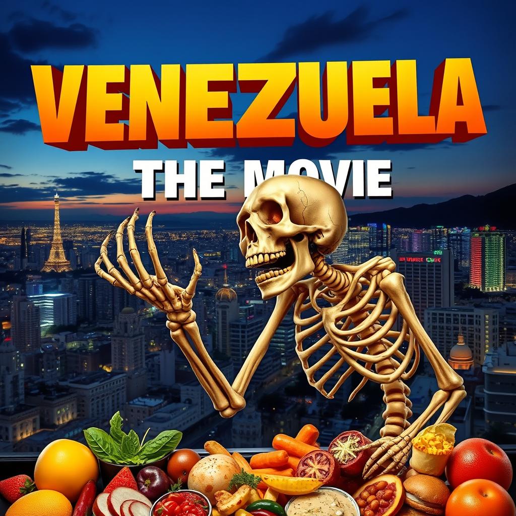 A movie poster featuring a hungry skeleton reaching for food, set against the backdrop of a vibrant city skyline