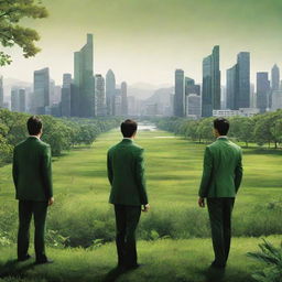 A high-definition, bright environmental poster featuring an enlarged, intensely green natural scene. Modern-styled individuals, viewed from the back, play the roles of guardians, protecting the environment. In the distance, subtly incorporate modern buildings, highlighting the juxtaposition of nature and urbanization.