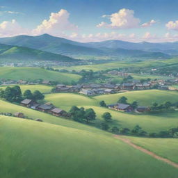 A tranquil landscape in Japanese anime style featuring rolling hills and expansive meadows with a quaint village nested among them, all under a softly hued sky.