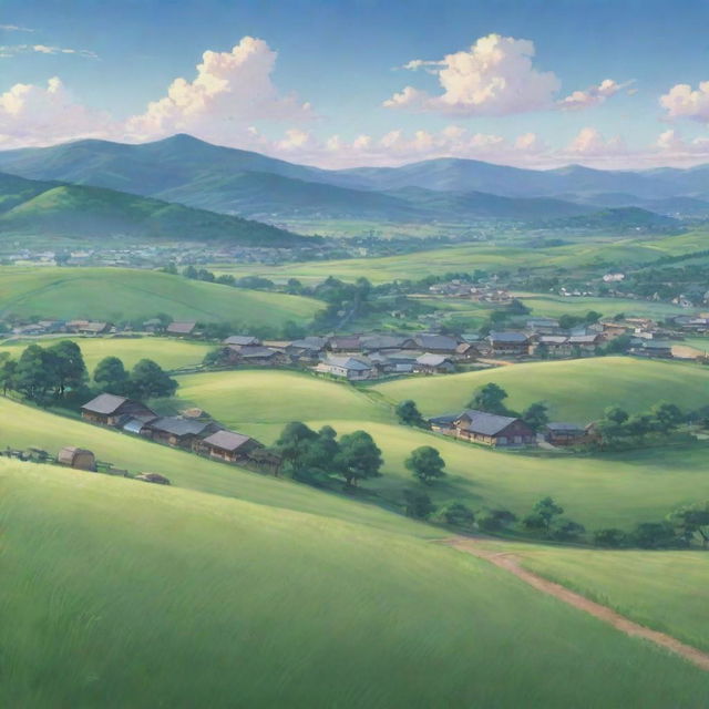 A tranquil landscape in Japanese anime style featuring rolling hills and expansive meadows with a quaint village nested among them, all under a softly hued sky.