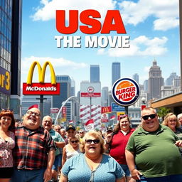 A movie poster featuring a vibrant city scene filled with cheerful, overweight people enjoying their day