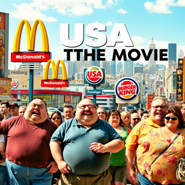 A movie poster featuring a vibrant city scene filled with cheerful, overweight people enjoying their day