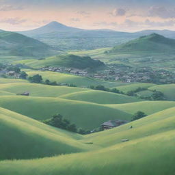 A tranquil landscape in Japanese anime style featuring rolling hills and expansive meadows with a quaint village nested among them, all under a softly hued sky.