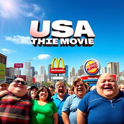 A movie poster featuring a vibrant city scene filled with cheerful, overweight people enjoying their day