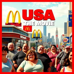 A movie poster featuring a vibrant city scene filled with cheerful, overweight people enjoying their day