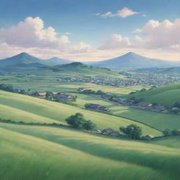 A tranquil landscape in Japanese anime style featuring rolling hills and expansive meadows with a quaint village nested among them, all under a softly hued sky.