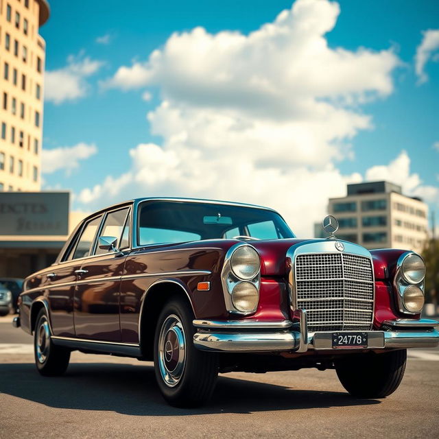 A classic 1971 Mercedes 280 captured in an urban setting, displaying its timeless elegance and distinctive design