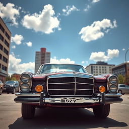 A classic 1971 Mercedes 280 captured in an urban setting, displaying its timeless elegance and distinctive design