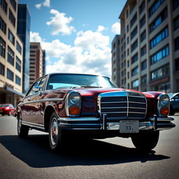 A classic 1971 Mercedes 280 captured in an urban setting, displaying its timeless elegance and distinctive design