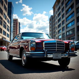 A classic 1971 Mercedes 280 captured in an urban setting, displaying its timeless elegance and distinctive design