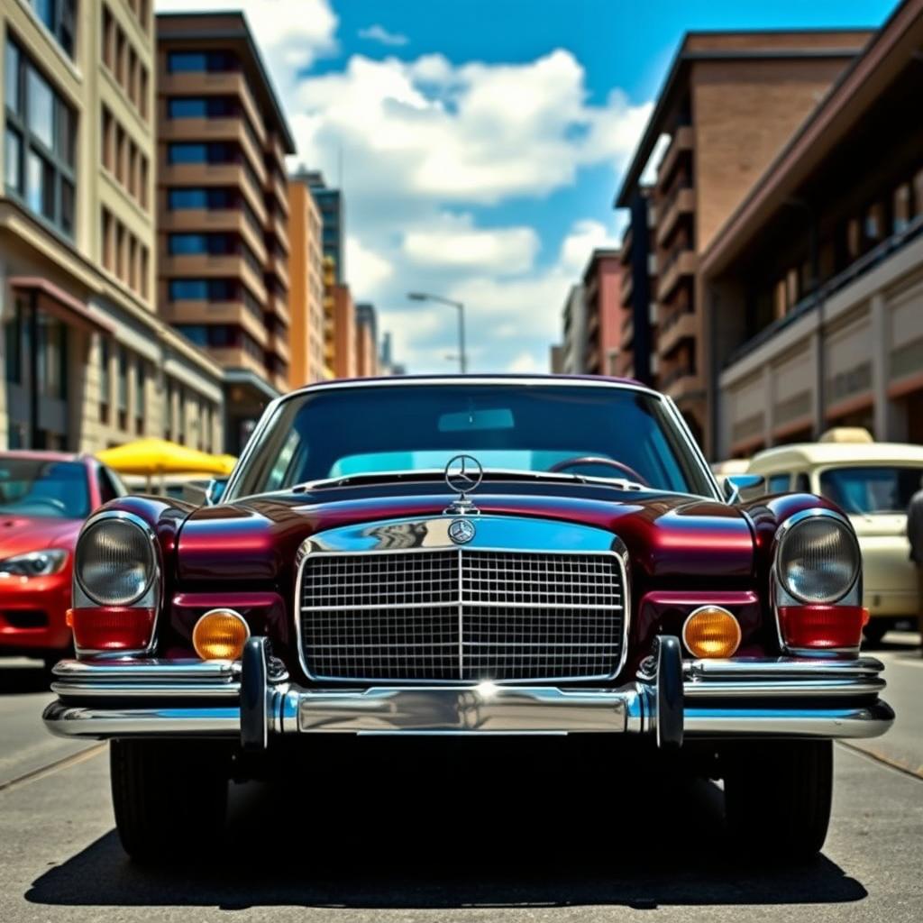 A classic 1971 Mercedes 280 captured in an urban setting, displaying its timeless elegance and distinctive design