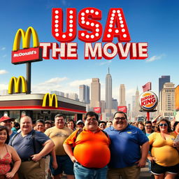 A vibrant movie poster featuring a bustling city scene filled with overweight individuals enjoying life