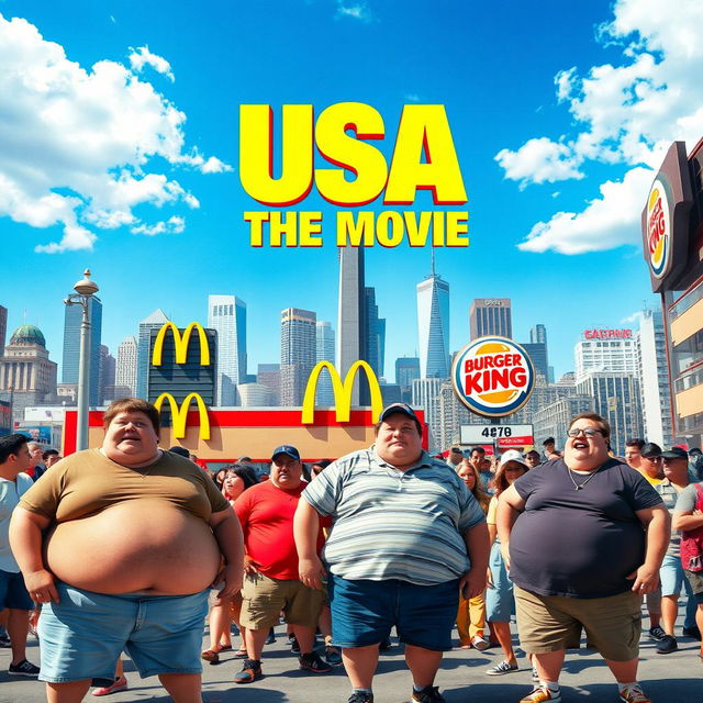 A vibrant movie poster featuring a bustling city scene filled with overweight individuals enjoying life