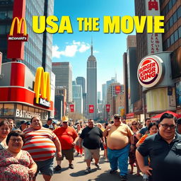 A vibrant movie poster featuring a bustling city scene filled with overweight individuals enjoying life