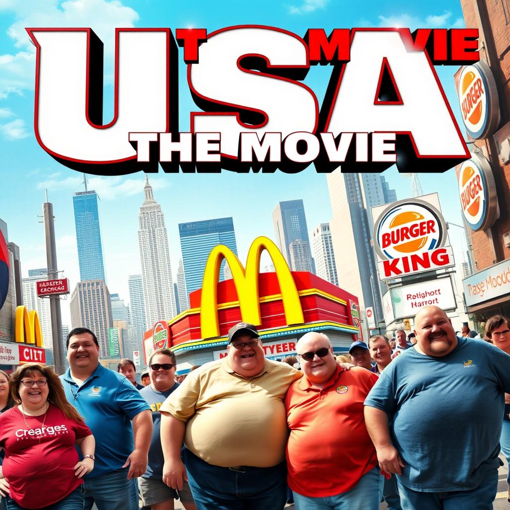 A vibrant movie poster featuring a bustling city scene filled with overweight individuals enjoying life