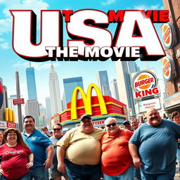 A vibrant movie poster featuring a bustling city scene filled with overweight individuals enjoying life