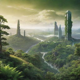 A high-definition, radiant environmental poster showcasing a vast, deeply green, and diverse natural landscape. Modern-styled guardians are nestled within nature, their backs to the viewer. Buildings are just visible far in the distance, emphasizing the expansiveness and importance of the natural world.