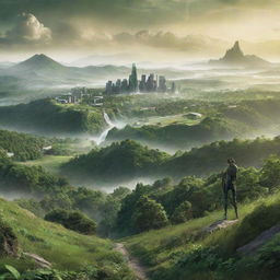 A high-definition, radiant environmental poster showcasing a vast, deeply green, and diverse natural landscape. Modern-styled guardians are nestled within nature, their backs to the viewer. Buildings are just visible far in the distance, emphasizing the expansiveness and importance of the natural world.