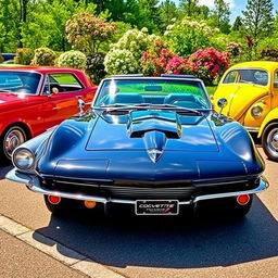 An impressive display of classic cars from the 1960s, featuring a lineup of iconic vehicles such as the Ford Mustang, Chevrolet Corvette, and Volkswagen Beetle