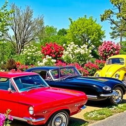 An impressive display of classic cars from the 1960s, featuring a lineup of iconic vehicles such as the Ford Mustang, Chevrolet Corvette, and Volkswagen Beetle