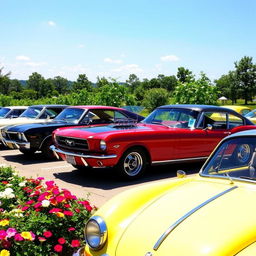 An impressive display of classic cars from the 1960s, featuring a lineup of iconic vehicles such as the Ford Mustang, Chevrolet Corvette, and Volkswagen Beetle