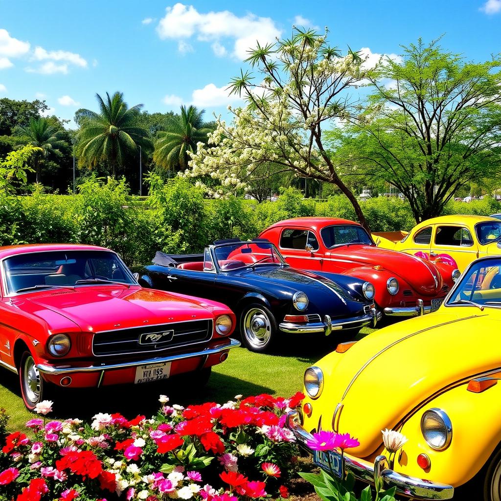 An impressive display of classic cars from the 1960s, featuring a lineup of iconic vehicles such as the Ford Mustang, Chevrolet Corvette, and Volkswagen Beetle