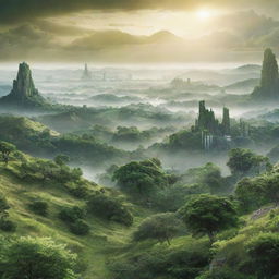 A high-definition, radiant environmental poster showcasing a vast, deeply green, and diverse natural landscape. Modern-styled guardians are nestled within nature, their backs to the viewer. Buildings are just visible far in the distance, emphasizing the expansiveness and importance of the natural world.