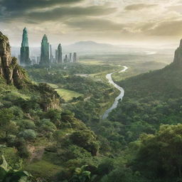 A high-definition, radiant environmental poster showcasing a vast, deeply green, and diverse natural landscape. Modern-styled guardians are nestled within nature, their backs to the viewer. Buildings are just visible far in the distance, emphasizing the expansiveness and importance of the natural world.