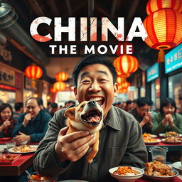 A movie poster depicting a Chinese man joyfully eating a dog, with a bustling restaurant in the background where more Chinese people are enjoying similar dishes