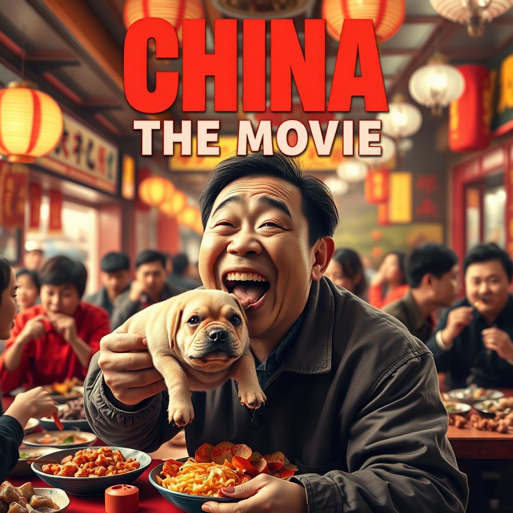 A movie poster depicting a Chinese man joyfully eating a dog, with a bustling restaurant in the background where more Chinese people are enjoying similar dishes