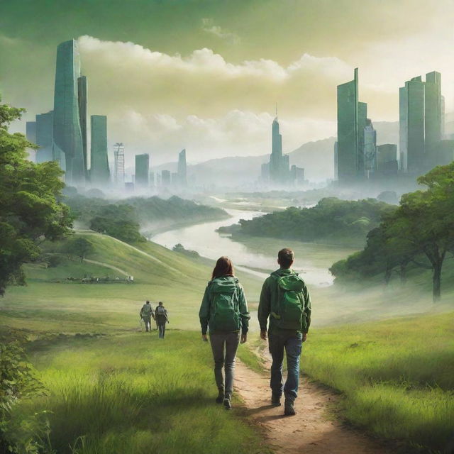 Create a high-definition, lively environmental poster featuring a wide, intense green natural landscape. Depict modern-styled people, some with backpacks, facing away and appearing as guardians. Far-off buildings hint at urbanization, yet the focus remains heavily on the grandeur and importance of nature.