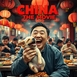 A movie poster depicting a Chinese man joyfully eating a dog, with a bustling restaurant in the background where more Chinese people are enjoying similar dishes