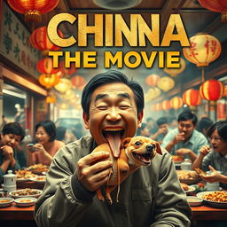 A movie poster depicting a Chinese man joyfully eating a dog, with a bustling restaurant in the background where more Chinese people are enjoying similar dishes