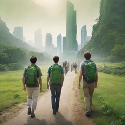 Create a high-definition, lively environmental poster featuring a wide, intense green natural landscape. Depict modern-styled people, some with backpacks, facing away and appearing as guardians. Far-off buildings hint at urbanization, yet the focus remains heavily on the grandeur and importance of nature.