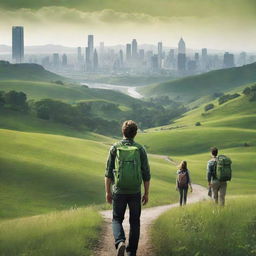 Create a high-definition, lively environmental poster featuring a wide, intense green natural landscape. Depict modern-styled people, some with backpacks, facing away and appearing as guardians. Far-off buildings hint at urbanization, yet the focus remains heavily on the grandeur and importance of nature.