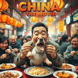 A movie poster featuring a Chinese man joyfully eating a dog, with a bustling restaurant scene in the background showing more Chinese diners also enjoying dog dishes