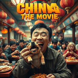 A movie poster featuring a Chinese man joyfully eating a dog, with a bustling restaurant scene in the background showing more Chinese diners also enjoying dog dishes