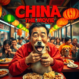 A movie poster featuring a Chinese man joyfully eating a dog, with a bustling restaurant scene in the background showing more Chinese diners also enjoying dog dishes