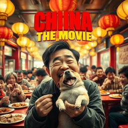 A movie poster featuring a Chinese man joyfully eating a dog, with a bustling restaurant scene in the background showing more Chinese diners also enjoying dog dishes